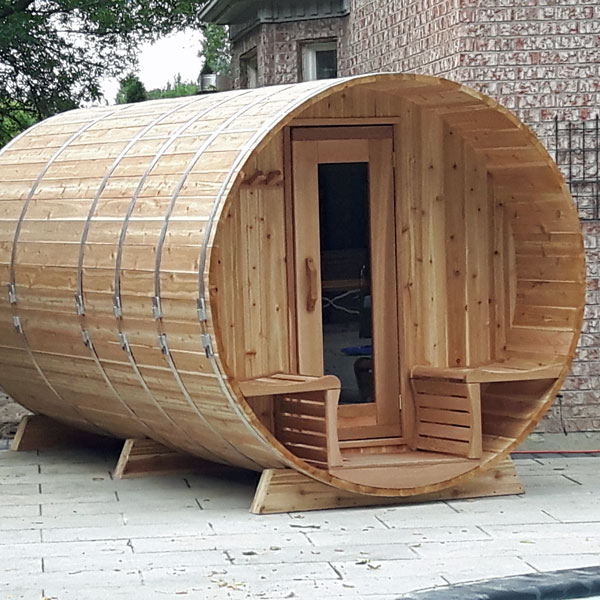 7'x8' (214cmx244cm) Barrel Sauna with Porch Package - Knotty Cedar